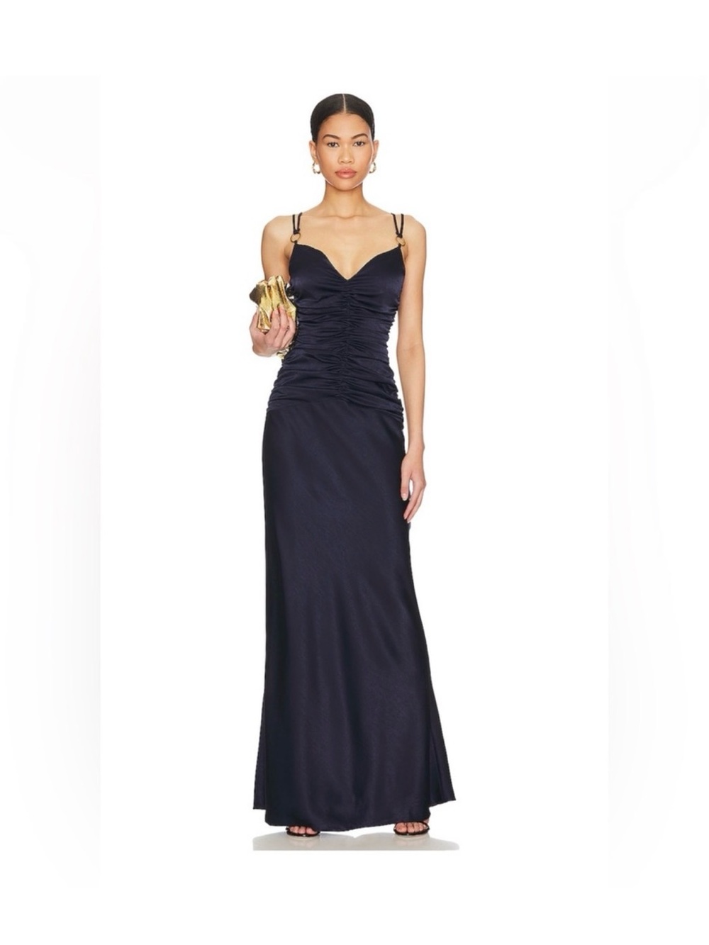 HOUSE OF HARLOW Navy Ruched Satin Spaghetti-Strap Evening Gown